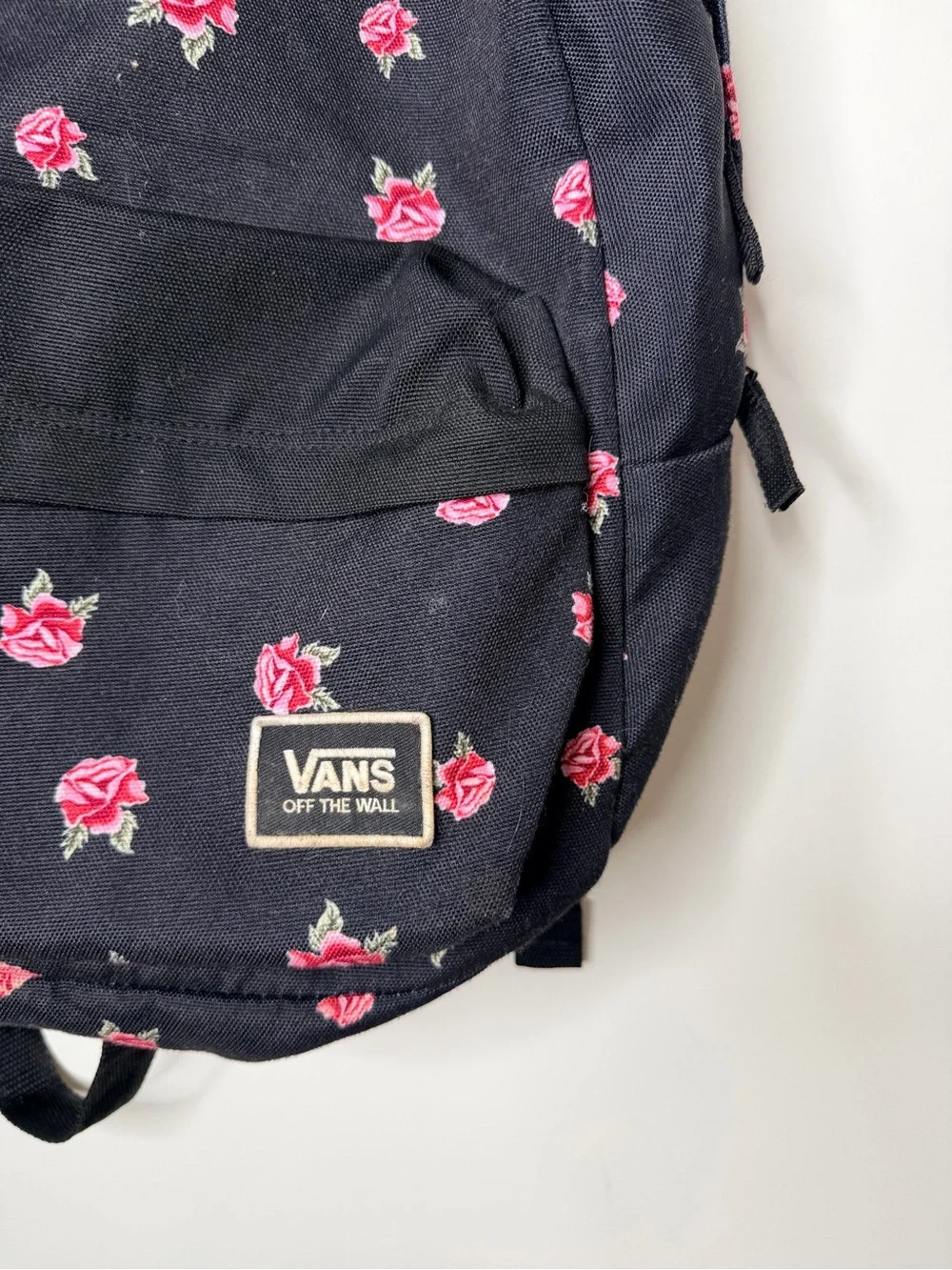 Vans Realm Black Backpack with Pink Rose Print